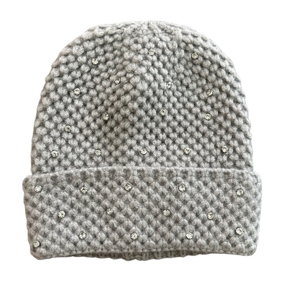Anthropologie Maeve Rhinestone Waffle Knit Beanie Hat Light Gray One Size New - Picture 2 of 9